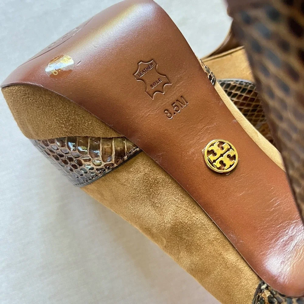 Tory Burch 8.5M Tan Suede Brown Snakeskin T-Strap Peep Toe Platform Heels Pumps